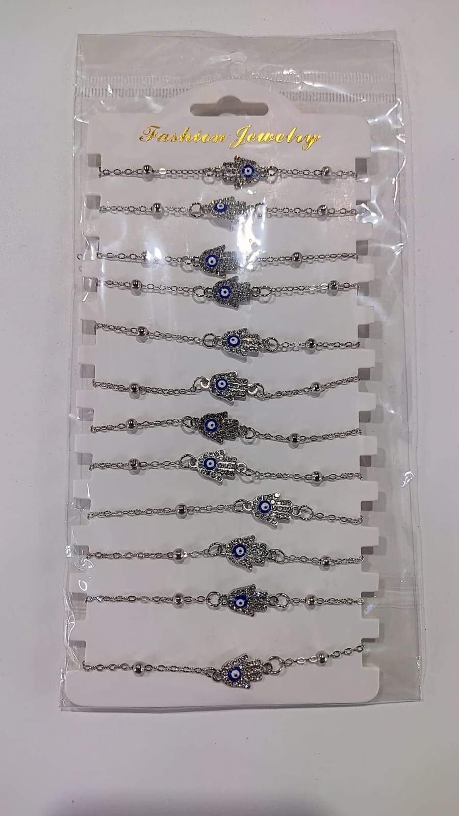 ✨🧿 Pulsera Plateada Mano de Fátima y Ojo Turco por Docena 🧿✨
